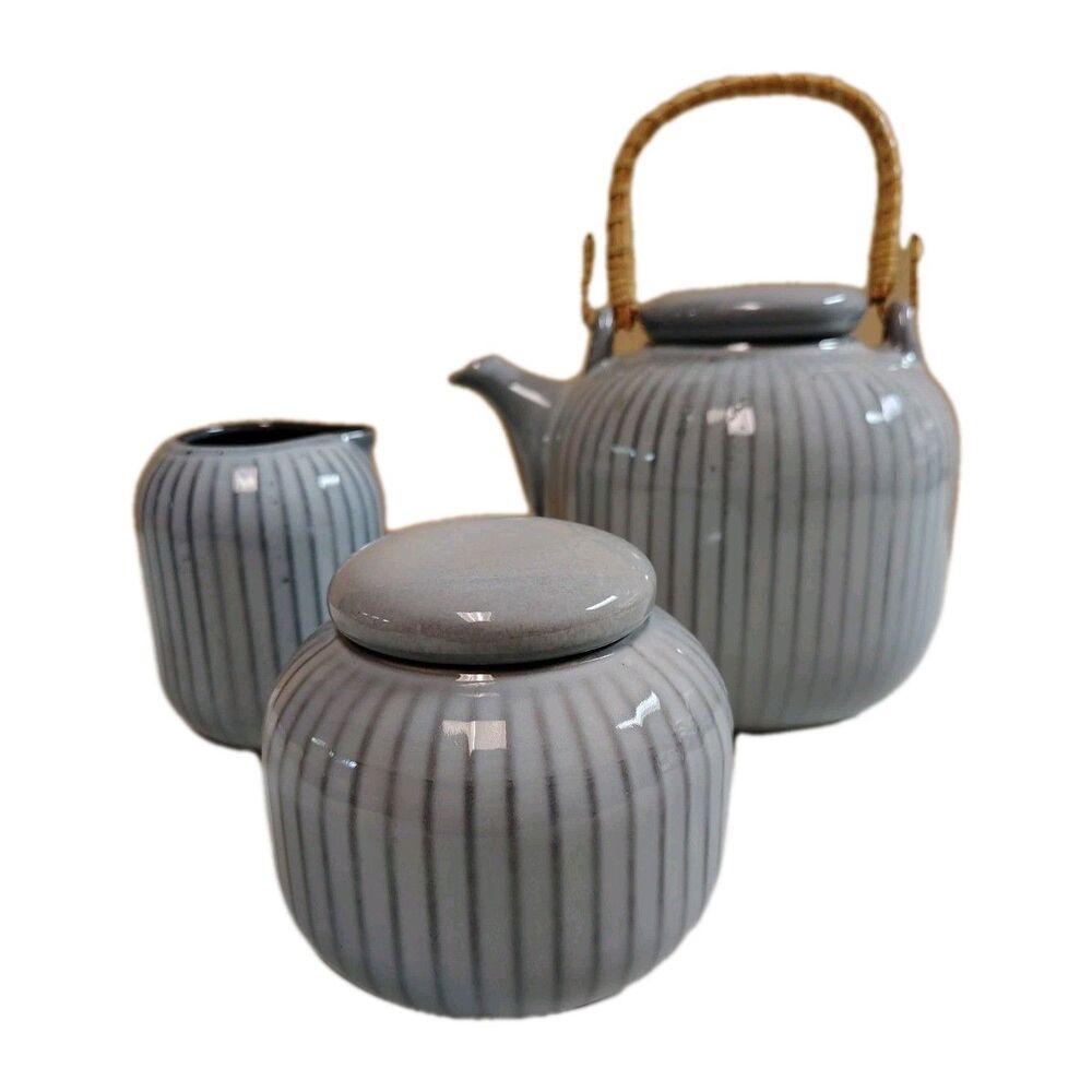 Artisanal Kitchen Supply Soto Gray Ribbed Tea Set - Teapot, Lidded Jar, Creamer - Picture 2 of 9